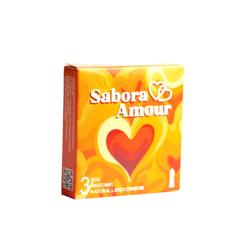 Prezervative premium Sabora Amour - Anatomic, din latex natural, cu puncte si striatii, 52 mm, 3 buc