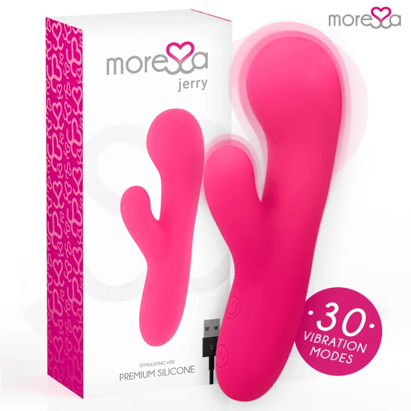 Vibrator MORESSA – Jerry, dublă stimulare, 30 moduri de vibrare, silicon premium, reîncărcabil, 15 × 4 cm