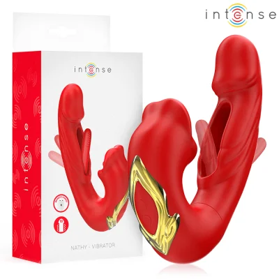 Vibrator dublu INTENSE – Nathy vibrații + suctiune, încărcare USB, waterproof, silicon medical, roșu