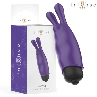 Vibrator bullet cu vibrații INTENSE – Mystic Purple, design cu urechiușe, 8.7 × 2.4 cm, silicon/ABS, baterii LR44