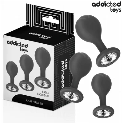 Set 3 pluguri anale ADDICTED TOYS – Anal Plug Silicone with Jewel, design sferic, silicon medical, mărimi S/M/L