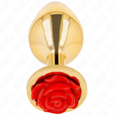 Plug anal KINK – Gold Rose Red, mărime S, oțel inoxidabil cu bază floare roșie, 7,8 × 2,8 cm