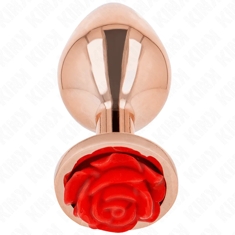 Plug anal KINK – Pink Gold Anal Plug mărime S, cu bază floare roșie, oțel inoxidabil, 7,8 × 2,8 cm