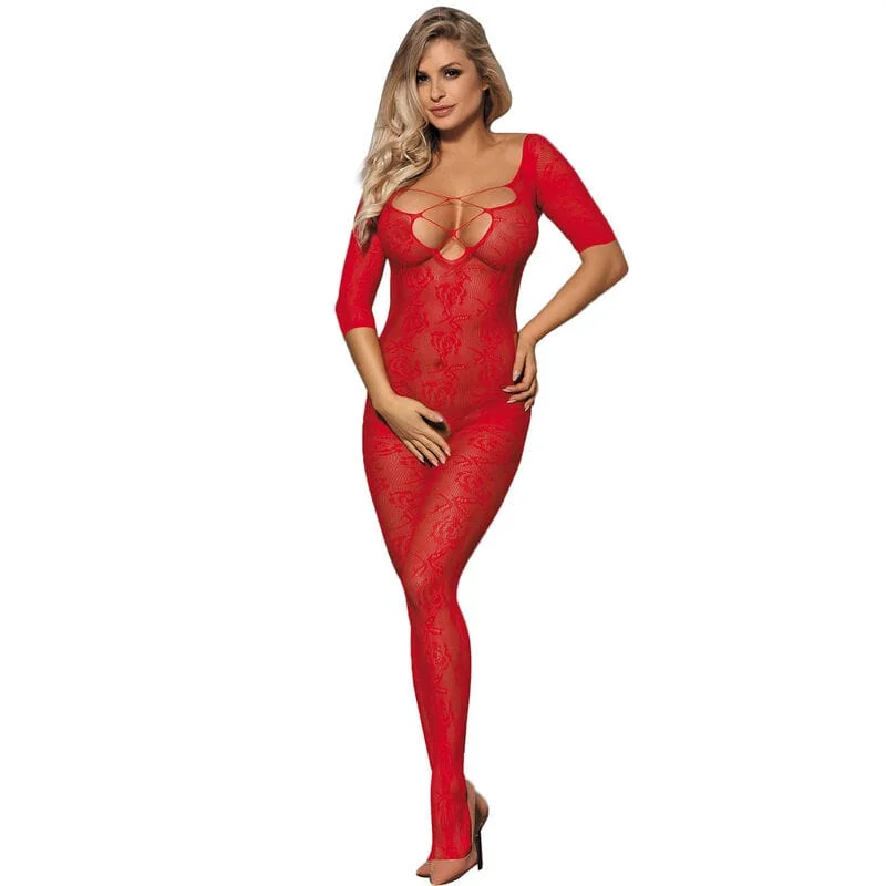 Body Subblime – Fishnet Bodystocking cu model trandafiri roșii, deschidere inghinală, XS/M