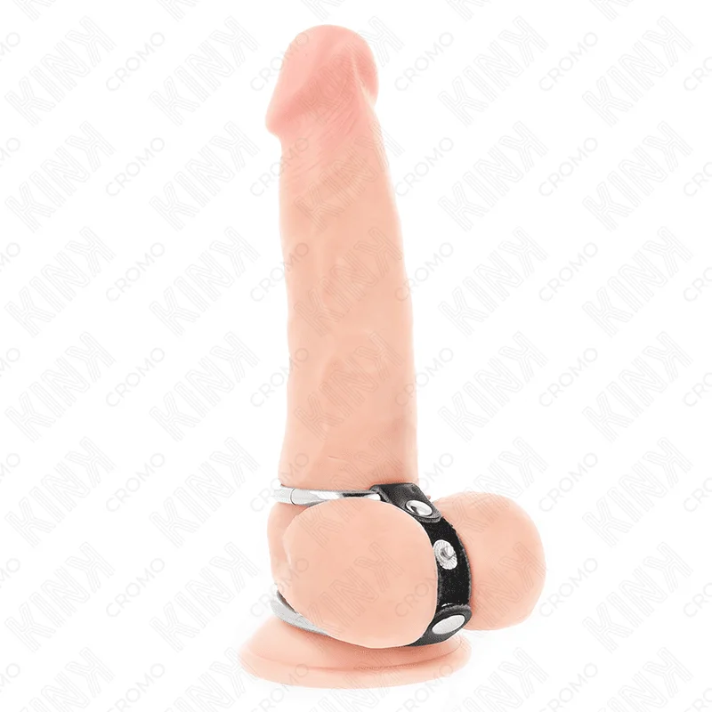 Inel dublu pentru penis KINK – Double Penis Ring 3.8 cm to 5 cm, conectat prin piele, dimensiuni variabile