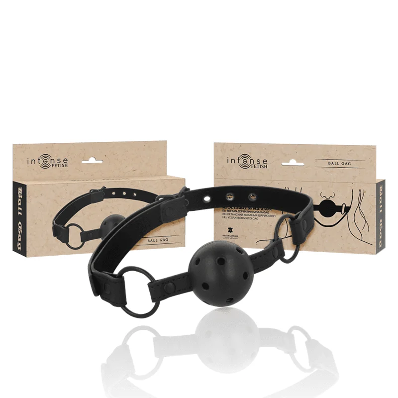 Accesoriu BDSM Intense – Fetish Vegan Leather Ball Gag, din piele vegană, reglabil, bile pentru supunere