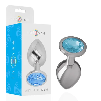 Plug anal Intense – Metalic cu cristal albastru, mărimea M, 8 cm