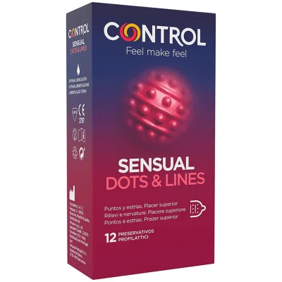Prezervative Control – Sensual Dots & Lines, cu puncte și striații pentru stimulare intensă și formă adaptabilă, 12 bucăți