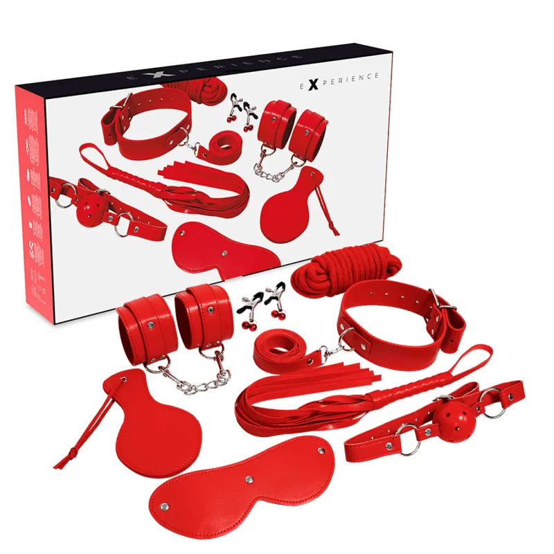 Set BDSM Experience – Fetish Kit cu 8 accesorii din piele sintetică pentru dominație și submissive play, culoare roșie