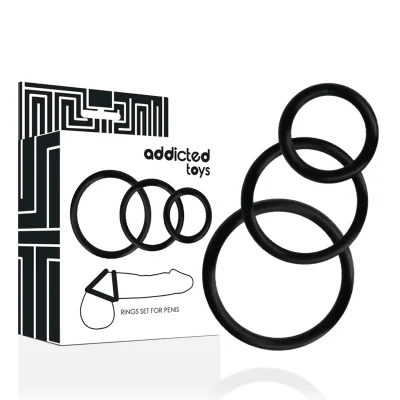 Set inele pentru penis Addicted Toys din cauciuc elastic pentru susținerea erecției și plăcere intensă, culoare neagră
