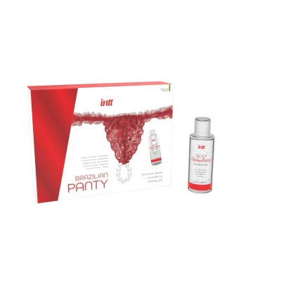 Set INTT – Brazilian Panty Red, chilot din dantelă roșie, cu inel de Perle stimulatoare, mărime universală, si lubrifiant cu aromă de căpșuni, 50 ml