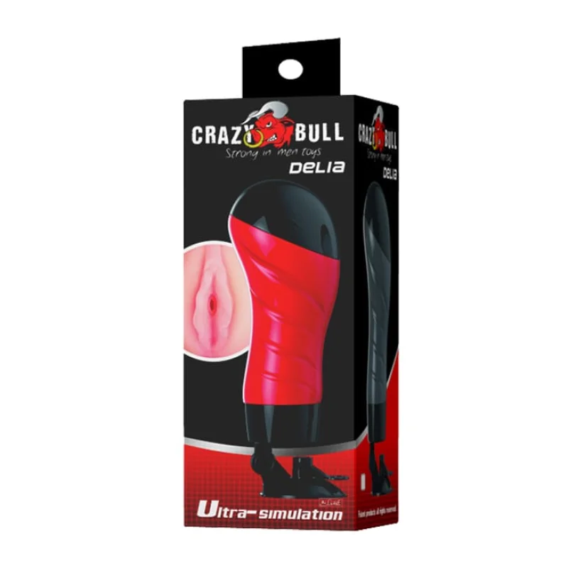 Masturbator Crazy Bull - Delia, textură realistă tip vagin, material moale, cu ventuza pentru fixare, roșu cu negru