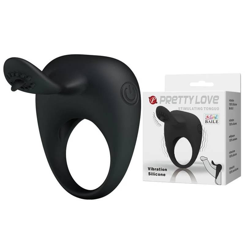 Inel vibrator PrettyLove - Stimulating TONGUO, pentru penis și stimulare clitoridiană, din silicon moale, negru