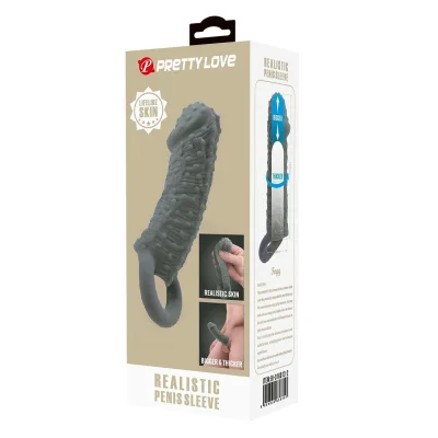 Manson pentru penis Pretty Love – Fogg, TPR, cu textură stimulatoare, elastic și realist, culoare gri, 13 cm