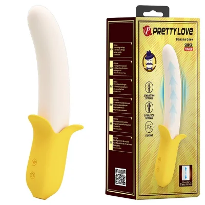 Vibrator Pretty Love - Banana Greek, multifuncțional din silicon, cu 7 vibrații, 3 mișcări de împingere, galben, 19.5 cm