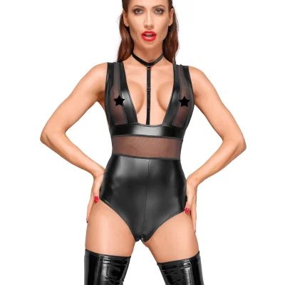 Body Crotchless Wetlook si Tul Transparent M