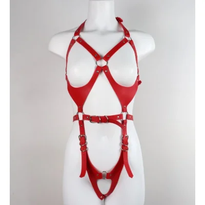 Harness Body, Piele Ecologica, Rosu, S-L, Guilty Toys