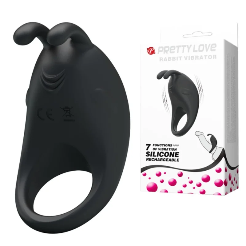 Inel Penis Pretty Love Rabbit, 7 Moduri Vibratii, Silicon, USB, Negru