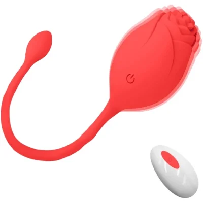 Ou Vibrator Ambrosia, 10 Moduri Vibratii, Remote Control, Silicon, USB, Rosu, 19 cm, Passion Labs, Rose Collection