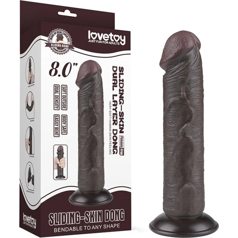 Dildo Realist Sliding-Skin, Ventuza Detasabila, TPE, Maro Inchis, 20.3 cm