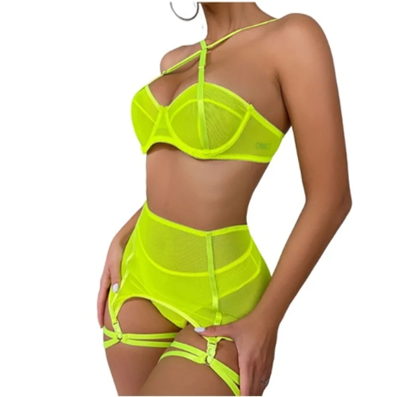 Set 4 Piese Lenjerie Plasa Translucida, Verde Neon, M, JGF Lingerie