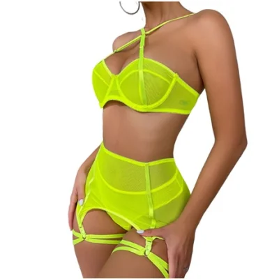 Set 4 Piese Lenjerie Plasa Translucida, Verde Neon, M, JGF Lingerie