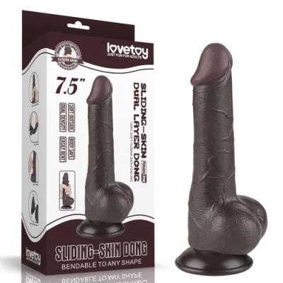 Dildo Realist Sliding-Skin, Ventuza Detasabila, TPE, Maro Inchis, 19.5 cm