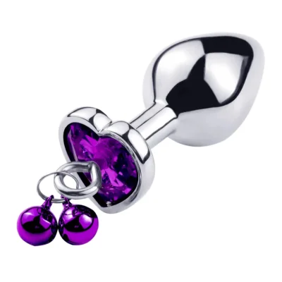 Dop Anal Small Heart Shape cu Clopotei Ring My Bells, Metal, Argintiu/Mov, 7 cm, Passion Labs
