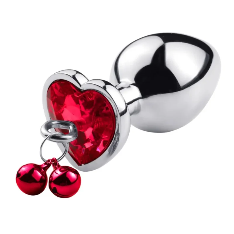 Dop Anal Small Heart Shape cu Clopotei Ring My Bells, Metal, Argintiu/Rosu, 7 cm, Passion Labs