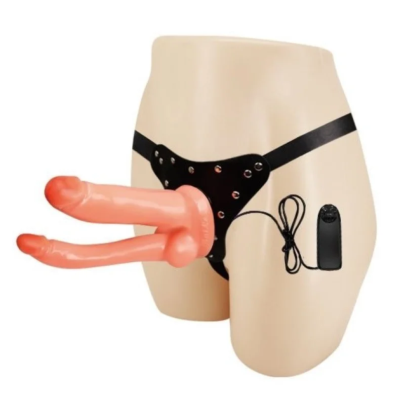 Strap On Dublu Realistic Multispeed, TPR , Natural, 21.5 cm