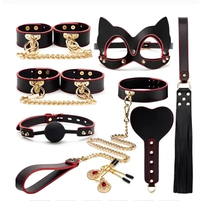 Set BDSM Luxury Cat Woman 8 Piese, Negru/Rosu, Guilty Toys