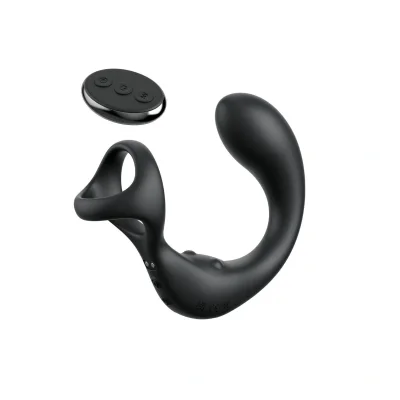 Inel de Penis cu Stimulator Anal, Remote Control, 10 Moduri Vibratii, Functie Stimulare Perineu, Silicon, USB, Negru, 14 cm