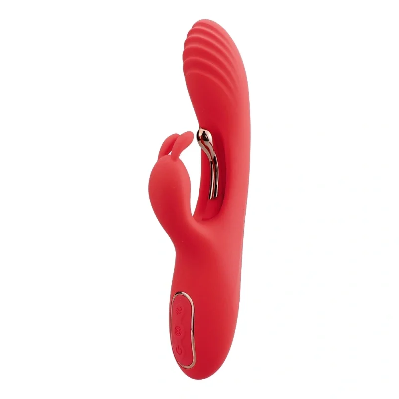Vibrator Rabbit Flame, Super Puternic, 3 Motoare Independente, 9 Moduri Vibratii, Silicon, USB, Rosu, 22.2 cm, Passion Labs