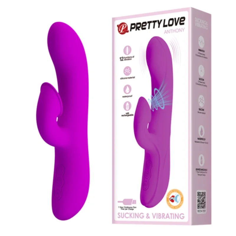 Vibrator Pretty Love Anthony, 12 Moduri Vibratii, 12 Moduri Suctiune, Silicon, USB, Mov, 19 cm