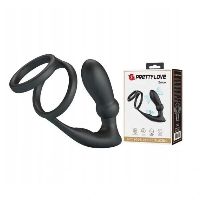 Inel de Penis cu Stimulator Anal Emoni, Silicon, USB, Negru, 10.2 cm