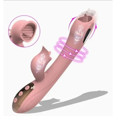 Vibrator Iepuras cu Electrostimulare, 10 Moduri Vibratii, 10 Moduri Licking, Silicon, USB, Roz, 22 cm, Mokko Toys