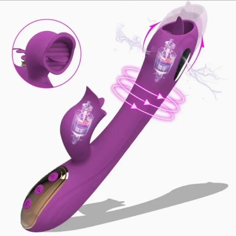 Vibrator Iepuras cu Electrostimulare, 10 Moduri Vibratii, 10 Moduri Licking, Silicon, USB, Mov, 22 cm, Mokko Toys