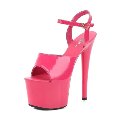 Sandale cu Platforma si Toc Stiletto Inalt, Lacuite, Fuchsia, Marime 42
