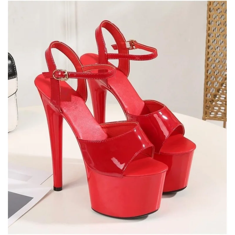 Sandale cu Platforma si Toc Stiletto Inalt, Lacuite, Rosu, Marime 39