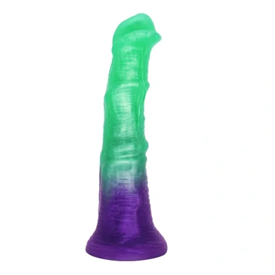 Dildo Premium Horse cu Ventuza, Silicon Lichid, Verde/Mov, 19.5 cm, Guilty Toys