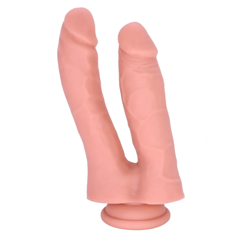 Dildo Dublu cu Ventuza la Baza, Silicon Lichid, Natural, 17.7 cm, Guilty Toys