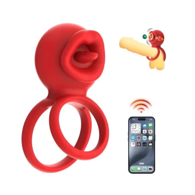 Inel de Penis Tongue Licking, Control Bluetooth, Aplicatie Mobila, Silicon, USB, Rosu