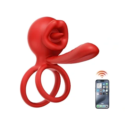 Inel de Penis Tongue Licking with Sleeve, Control Bluetooth, Aplicatie Mobila, Silicon, USB, Rosu
