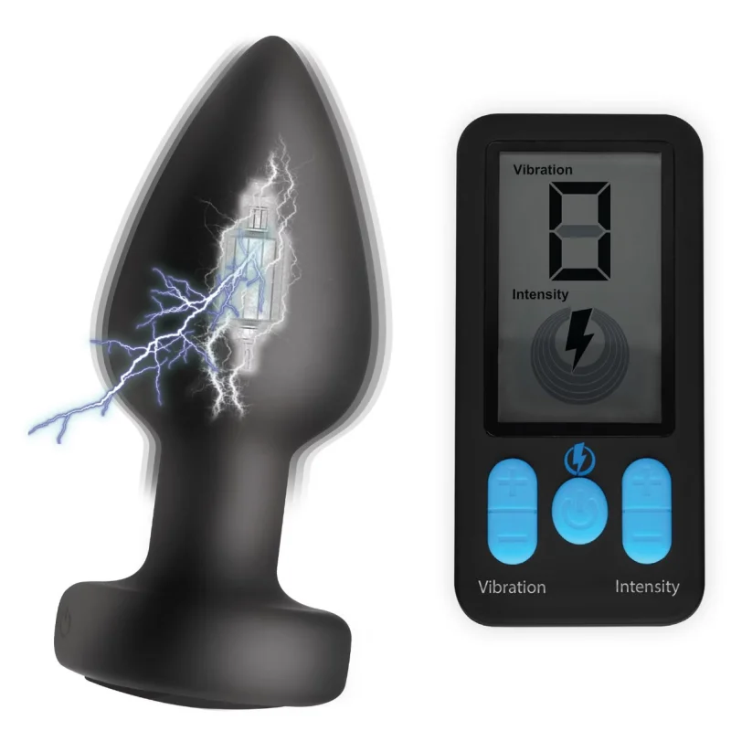 Dop Anal E-Stim Pro Remote Control, 5 Functii Vibratii + Electrosocuri, Silicon, USB, Negru, 10.4 cm