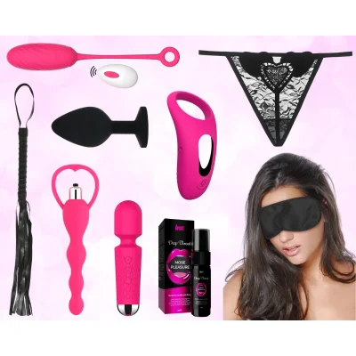 Kit Valentine's Day Fuchsia Fever Pleasure Set, 8 Accesorii, Fucsia/Negru