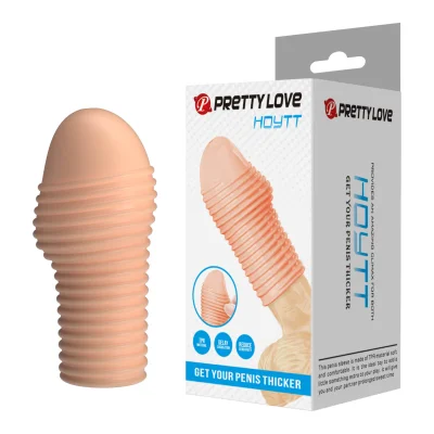 Manșon pentru penis PRETTY LOVE - Hoytt, pentru îngroșare și stimulare intensă, texturat, cu striații, culoarea pielii, 9 cm