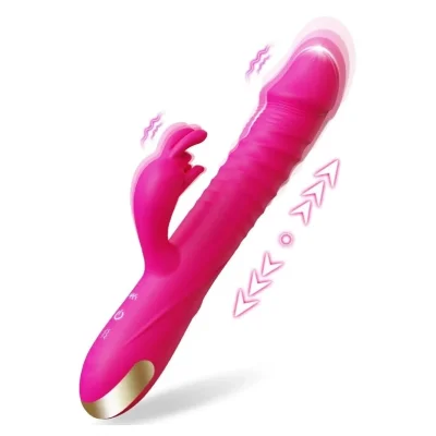 Vibrator Iepuras Thrusting, 10 Moduri Vibratii, 3 Moduri Impingere, Silicon, USB, Roz, 23 cm, Guilty Toys